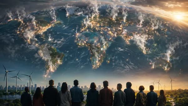 World map with small nations glowing and emissions haze merging into a shared global atmosphere
