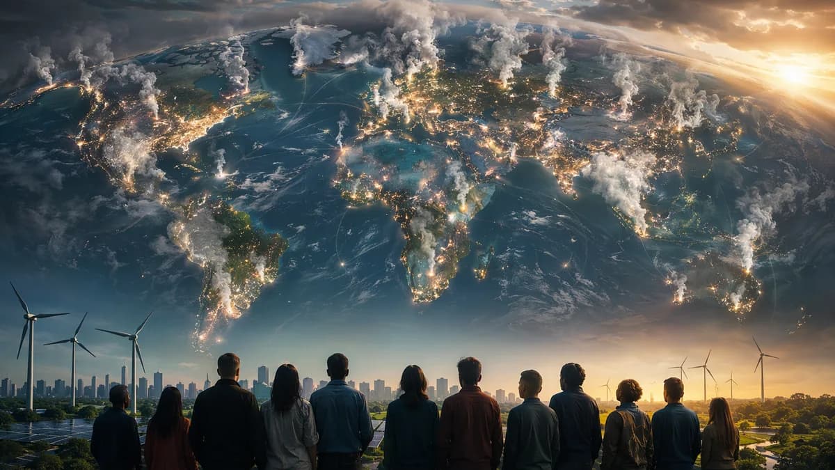 World map with small nations glowing and emissions haze merging into a shared global atmosphere