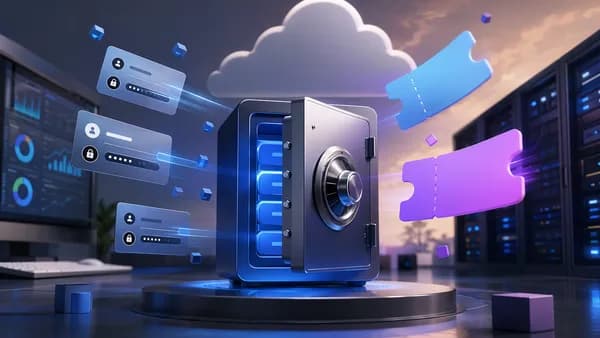 Secure password manager vault with SaaS dashboard and abstract discount elements in a cloud infrastructure scene