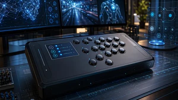 Sleek leverless arcade controller with glowing onboard screen in a futuristic tech workspace