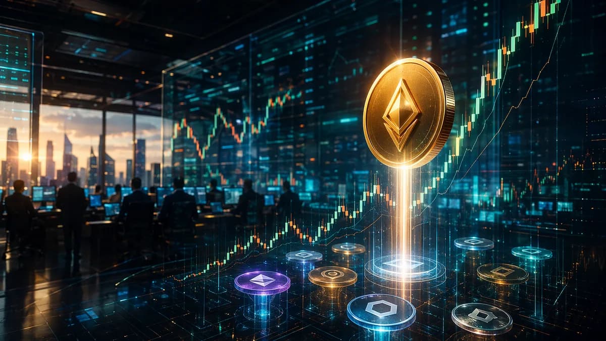 Crypto trading floor with one token surging above market charts and data visualizations