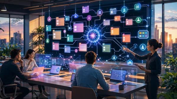 Futuristic workspace with organized accelerator application workflows on glowing abstract screens.