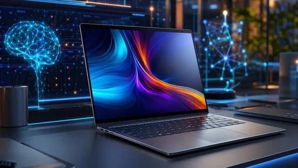 Sleek laptop in a futuristic tech workspace with AI network visuals and cinematic lighting