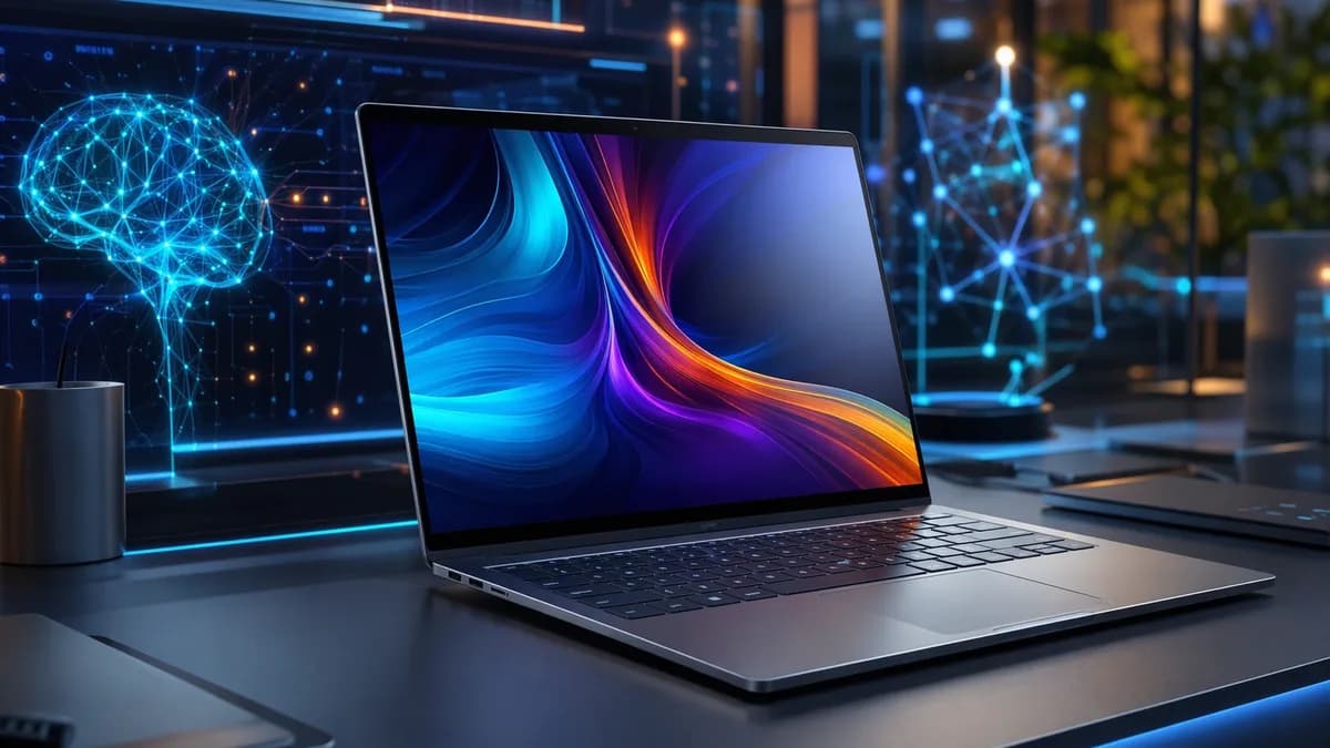 Sleek laptop in a futuristic tech workspace with AI network visuals and cinematic lighting