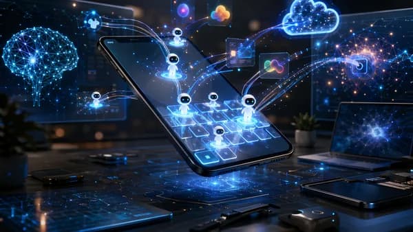 Smartphone keyboard emitting glowing AI agent nodes in a futuristic tech workspace