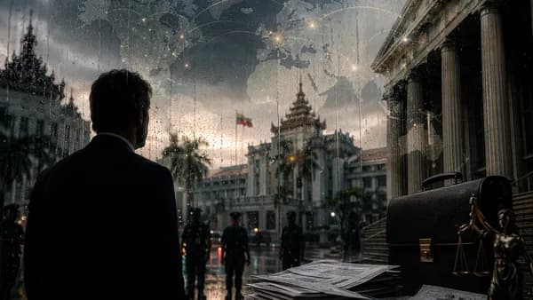 Businessman silhouette in Yangon with security and global map connections signaling legal risk