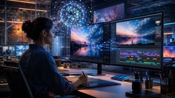 Designer uses an AI-powered creative workstation with abstract editing screens and glowing neural network assistant.