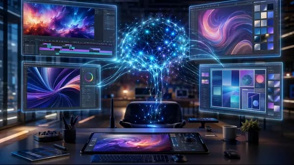 Futuristic creative workspace with AI neural network connecting video, design, and layout screens.