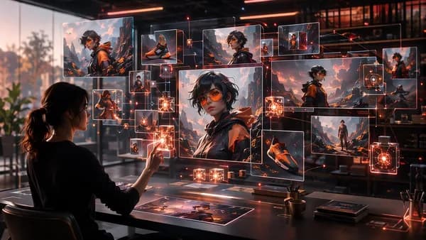 Futuristic AI design studio showing reusable characters, objects, and scenes linked by glowing memory nodes.