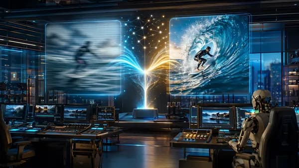 Futuristic editing hub showing AI-enhanced media sharpening as light streams merge.