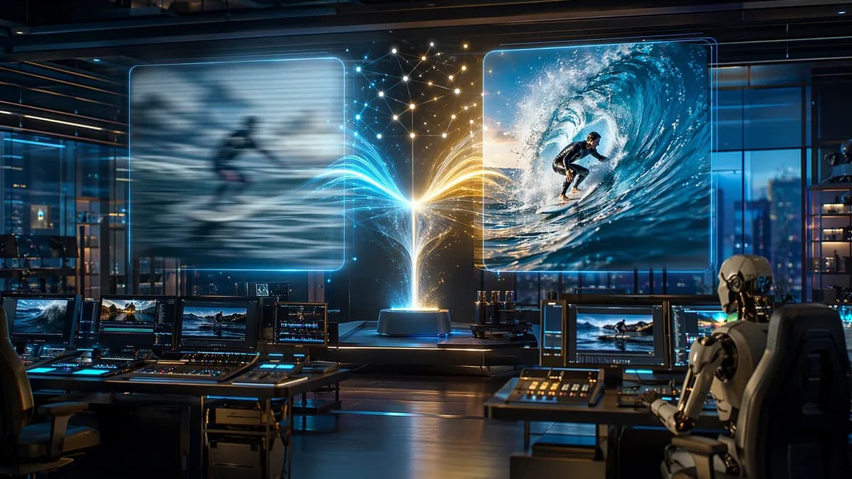 Futuristic editing hub showing AI-enhanced media sharpening as light streams merge.