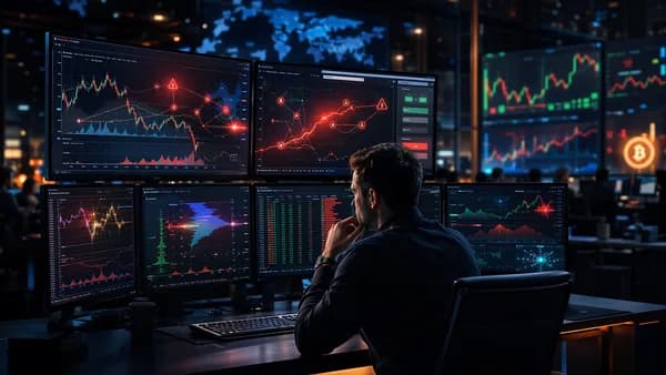 Trader monitors complex market data and risk signals on an advanced trading platform.