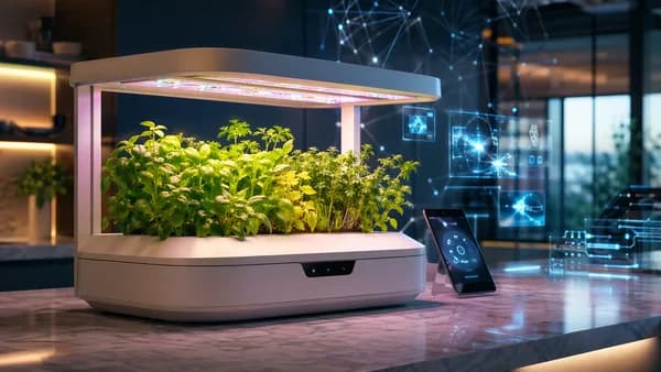 Smart hydroponic countertop garden glowing in a futuristic tech kitchen with lush herbs and screens.