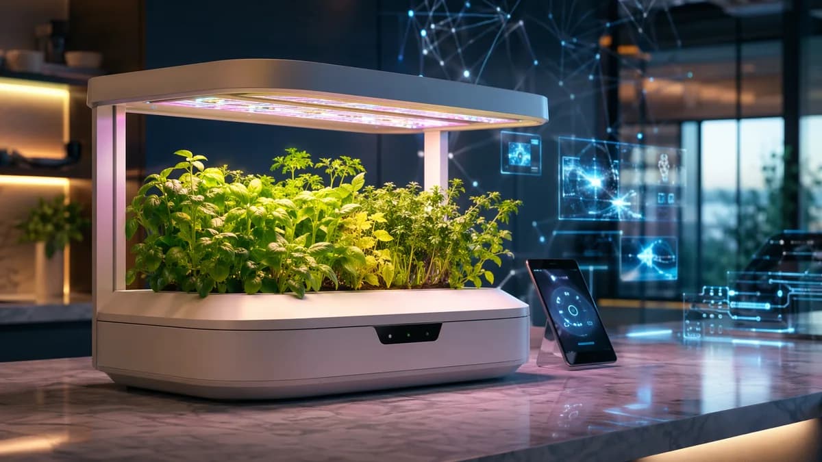Smart hydroponic countertop garden glowing in a futuristic tech kitchen with lush herbs and screens.