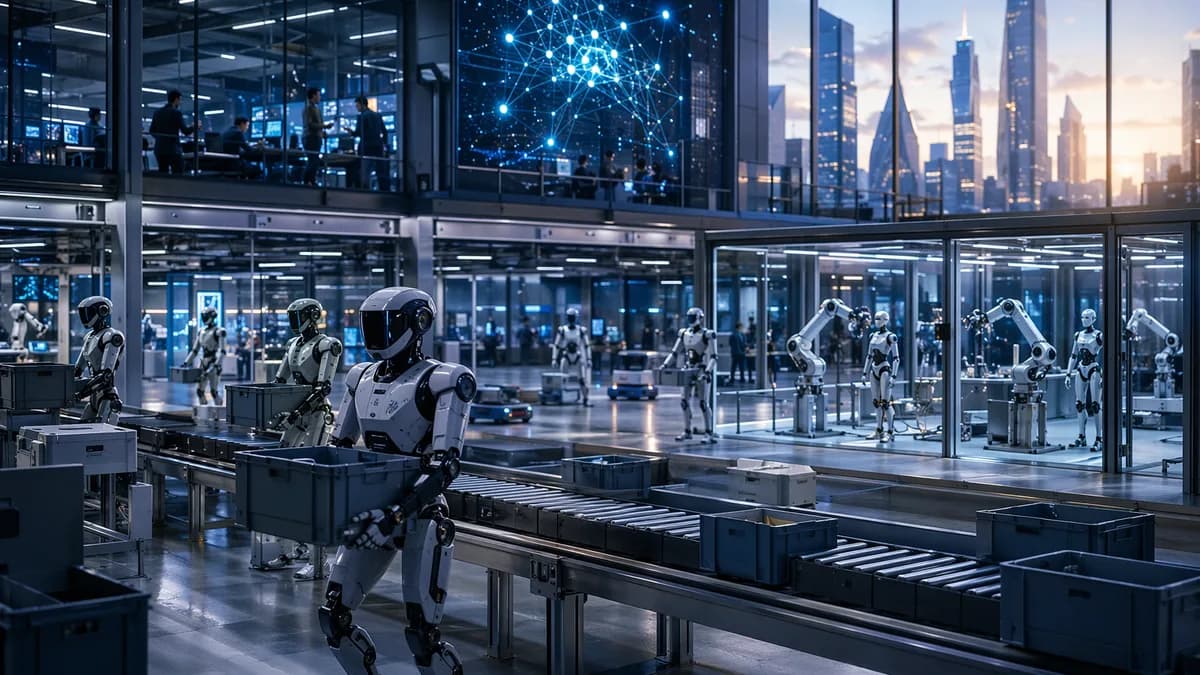 Bipedal warehouse robots in a futuristic automation hub with neural network visuals and cinematic lighting.