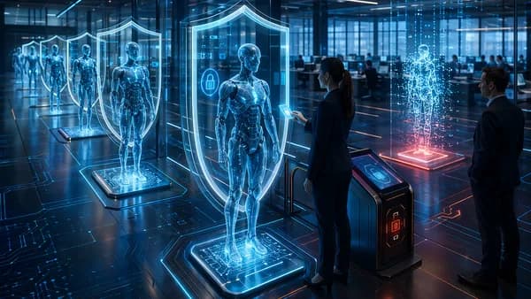 AI agents receiving secure digital identities behind shields in a dark cybersecurity office
