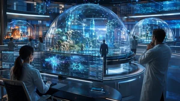 Futuristic lab testing AI agents inside holographic simulated worlds with neural networks and screens.