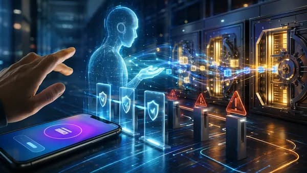 AI agent moving digital payments through a banking system while a user hesitates over a smartphone.