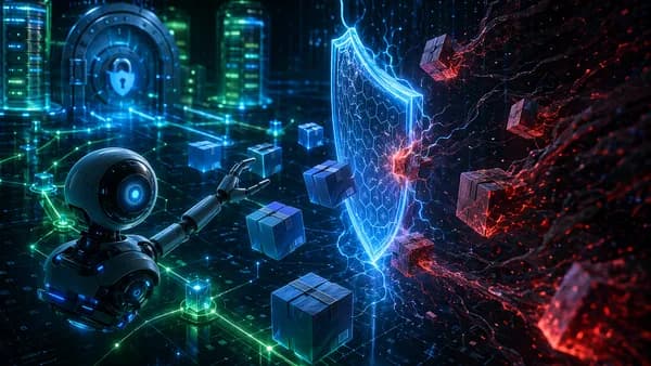 AI agent blocked by glowing security shield from malicious software packages in a dark tech supply chain scene