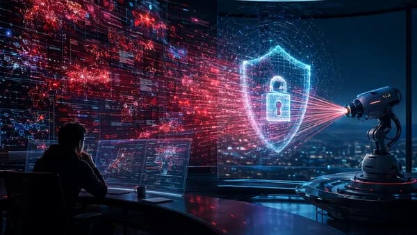 AI security scanner overwhelming a researcher with vulnerability alerts behind a glowing digital shield.