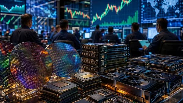 AI chip stocks surge on a trading floor with glowing semiconductors and rising market charts.