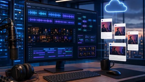 AI podcast clipping SaaS dashboard with microphone, clip panels, waveform blocks, and cloud infrastructure
