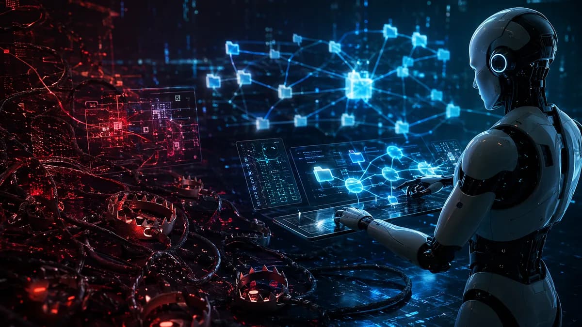 AI coding agent facing hidden Bash supply chain traps across glowing repository nodes