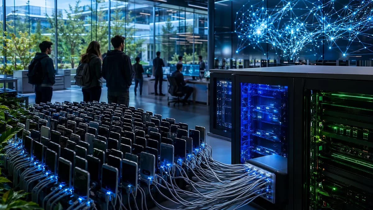 Old smartphones racked as a futuristic AI compute cluster in a sleek university data center.