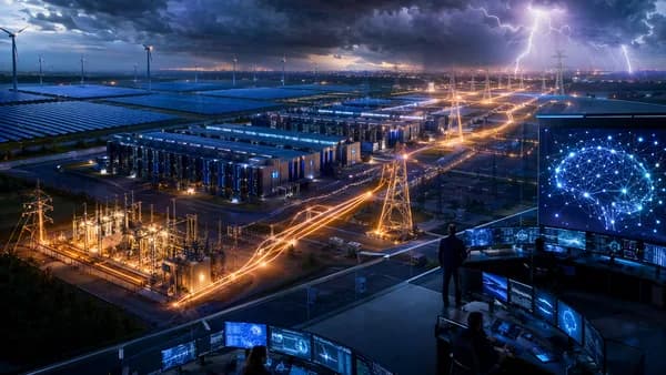 AI data center connected to a glowing power grid, symbolizing fast-tracked access and energy strain.