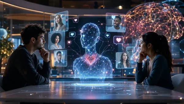 Young singles react warily to an AI dating interface in a futuristic tech workspace.