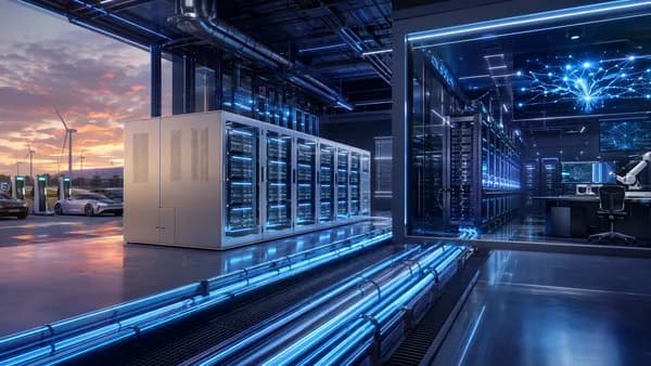 AI data center powered by grid batteries in a futuristic tech energy hub.