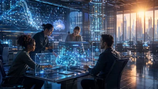 Engineers working in a futuristic AI workspace, symbolizing resilient tech hiring amid automation fears.