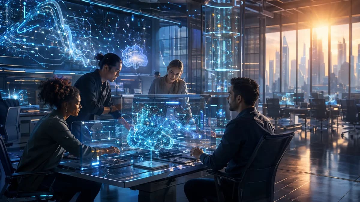 Engineers working in a futuristic AI workspace, symbolizing resilient tech hiring amid automation fears.