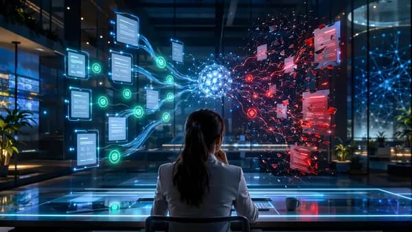 AI grant proposal workflow in a futuristic workspace, showing promise and risk through abstract data visuals.