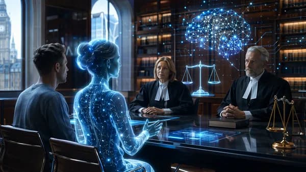 AI assistant in a futuristic courtroom facing lawyers, symbolizing affordable legal access.