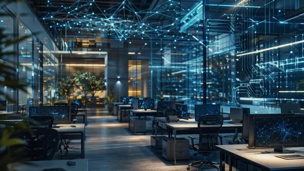 Empty futuristic tech office with AI network hologram symbolizing AI-related layoffs