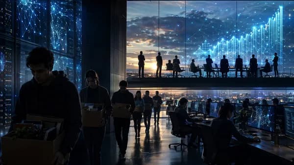 Tech workers leave a futuristic AI office as glowing wealth symbols rise in the background.