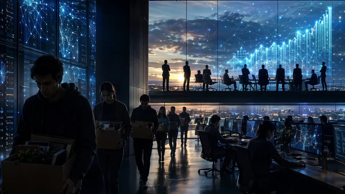 Tech workers leave a futuristic AI office as glowing wealth symbols rise in the background.