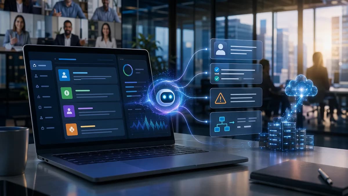 AI assistant organizing sales meeting notes into CRM follow-ups on a modern SaaS dashboard