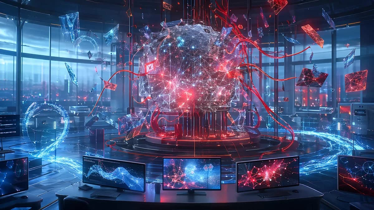 AI neural core in a futuristic workspace tangled with faulty memory fragments and distorted data loops.