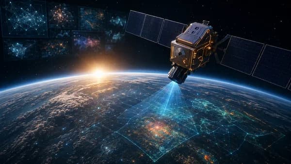 AI-powered satellite autonomously scanning Earth from orbit with subtle neural network visuals