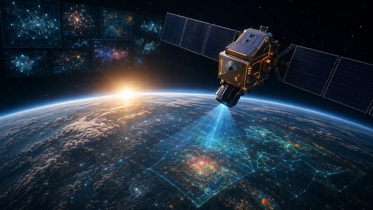AI-powered satellite autonomously scanning Earth from orbit with subtle neural network visuals