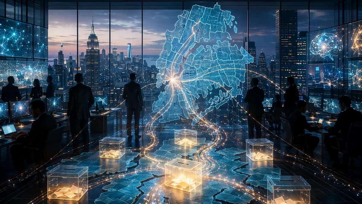 Manhattan election war room with AI networks and funding streams symbolizing corporate influence.