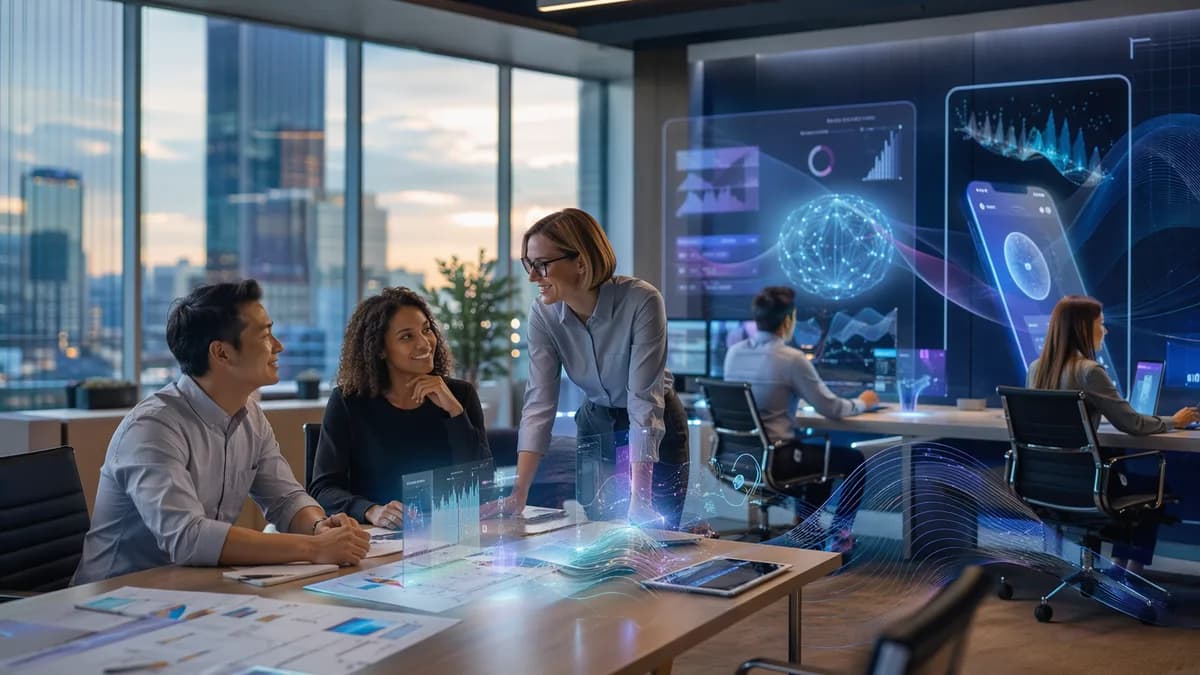 Fintech workers collaborate with AI data interfaces, suggesting AI supports jobs rather than replacing them.