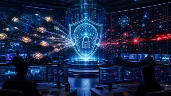 AI security core consuming compute tokens behind a shield in a dark cybersecurity operations center