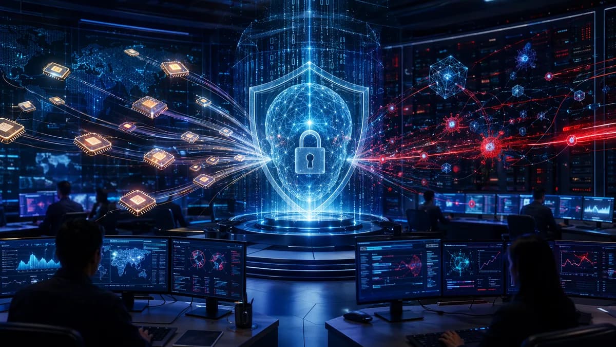 AI security core consuming compute tokens behind a shield in a dark cybersecurity operations center