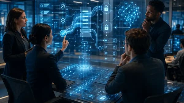 Compliance analysts review secure AI audit trails in a futuristic technology workspace.