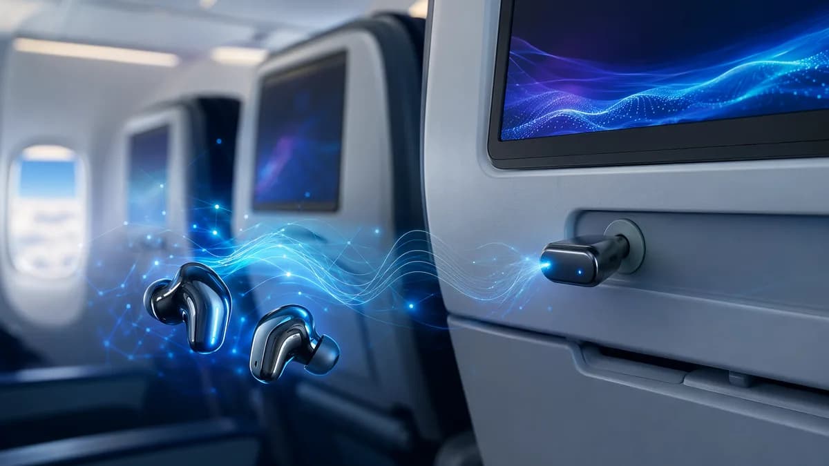 Tiny Bluetooth audio dongle plugged into an airplane seatback with wireless earbuds nearby.