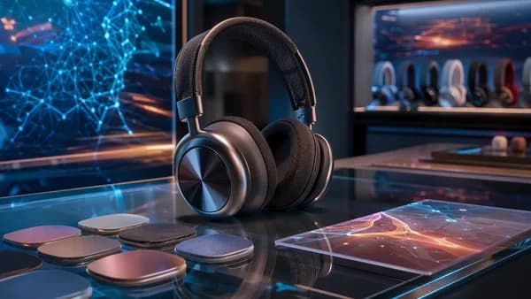 Premium over-ear headphones in a futuristic tech workspace with glowing screens and circuit accents