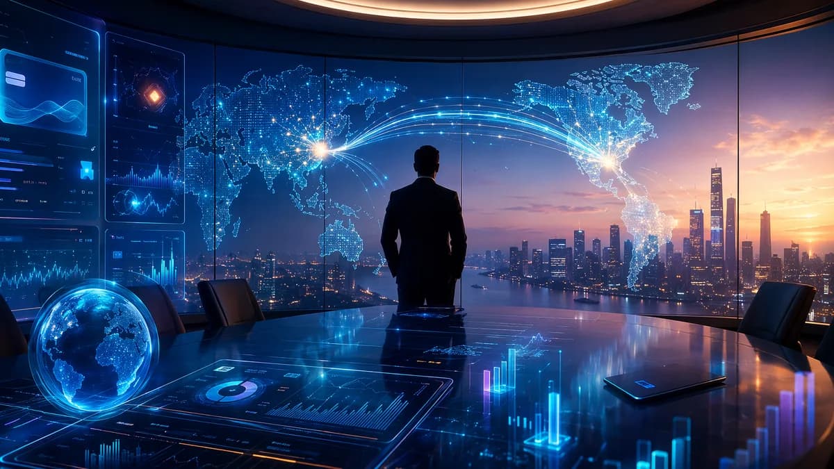 Fintech executive silhouette with global digital payments streams and banking app panels